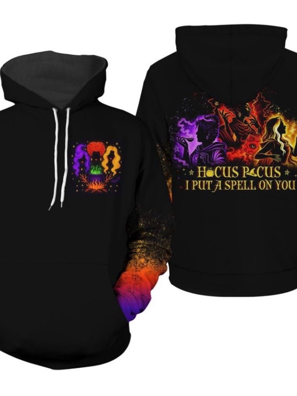 Black 'Hocus Pocus' Graphic Hoodie with Colorful Spell Design